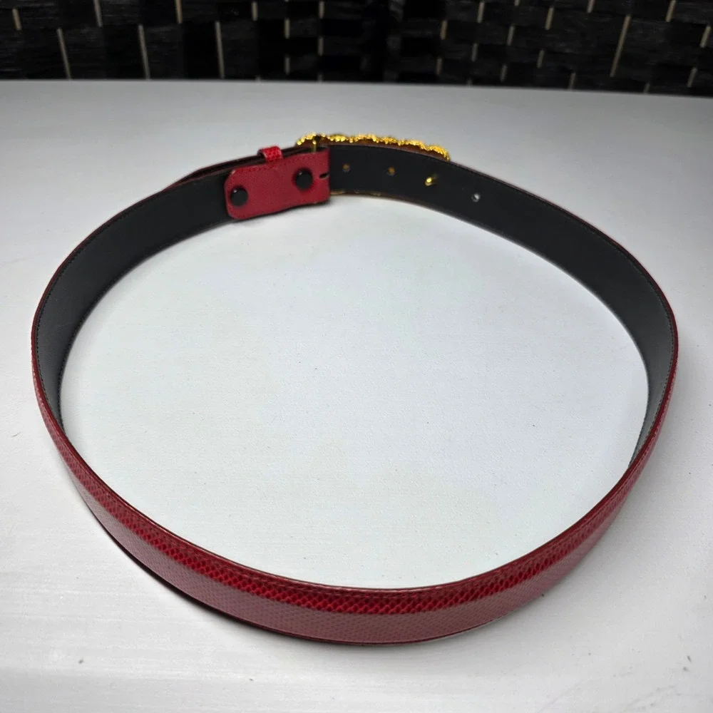 Kleinberg Sherrill Red Lizard Embossed Leather Belt Gold Braided Rope Buckle 32